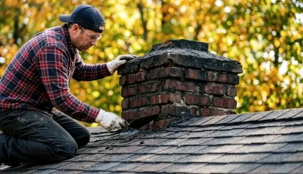 Technician repairing the top of a chimney on a Woodbury, Minnesota home