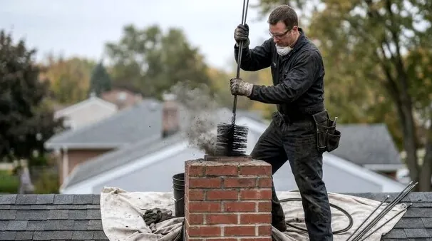 Chimney sweep working on a roof in Oakdale, MN